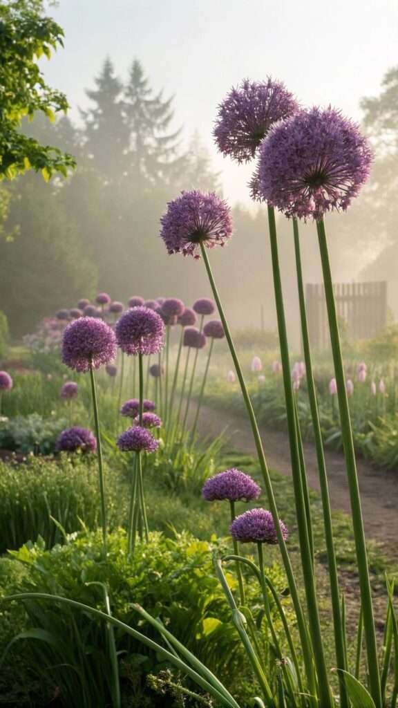 Tall purple allium flowers growing in a home garden border