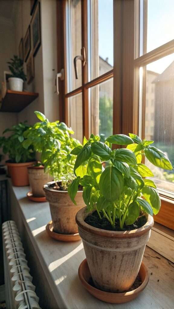 Fresh basil growing in pots near a sunny kitchen window