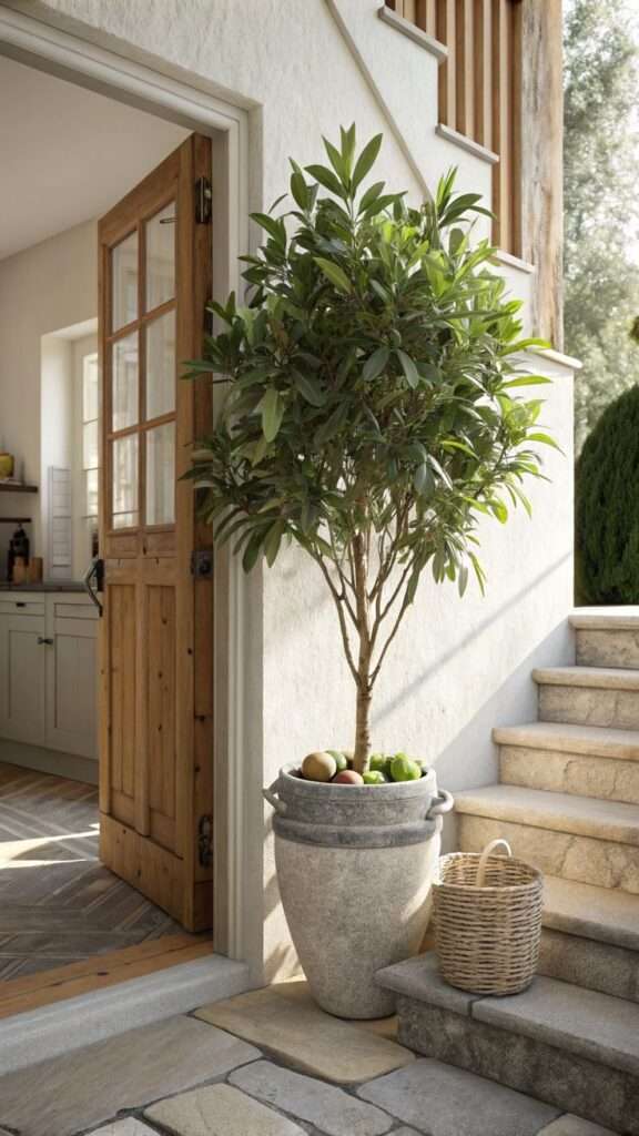 Bay laurel plant growing in a large pot near a home entrance