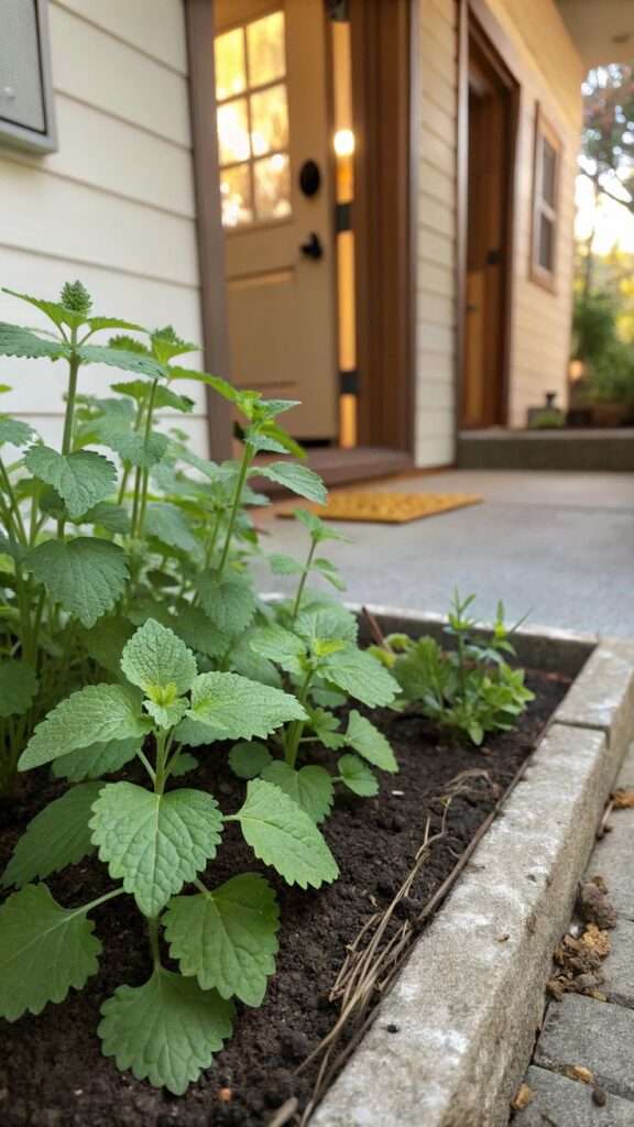 Green catnip plants growing near a garden doorway