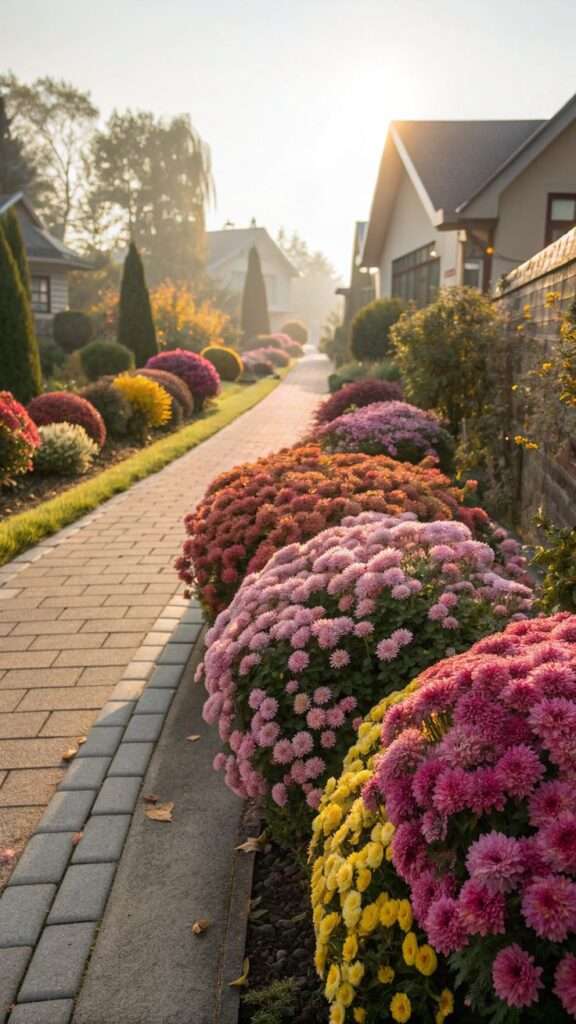 Colorful chrysanthemums blooming along a garden walkway