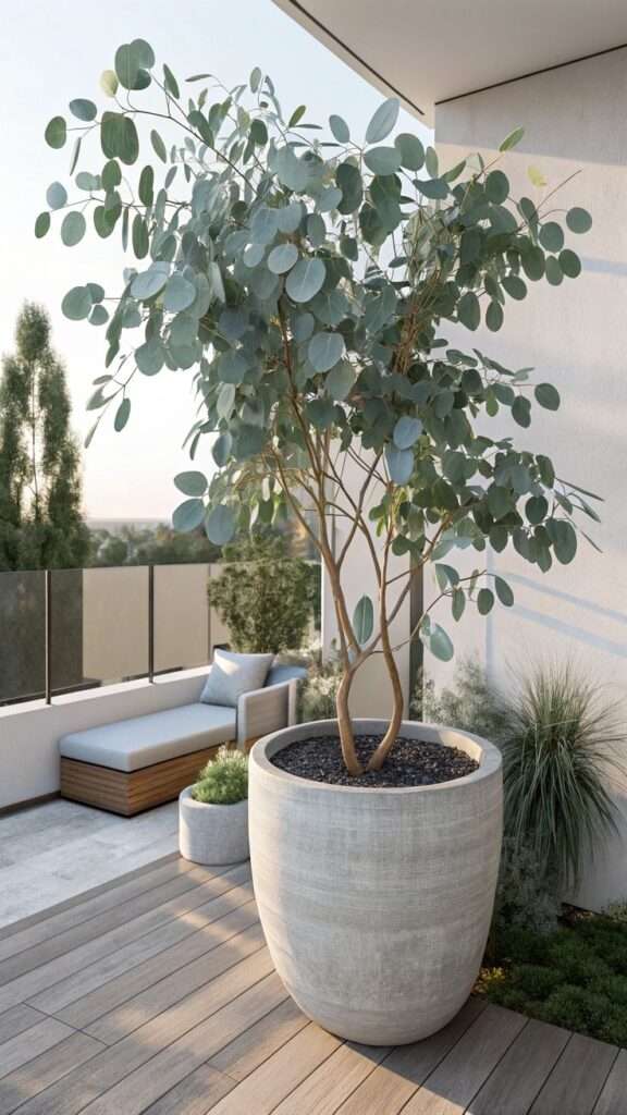 Eucalyptus plant with silvery green leaves growing in a patio container