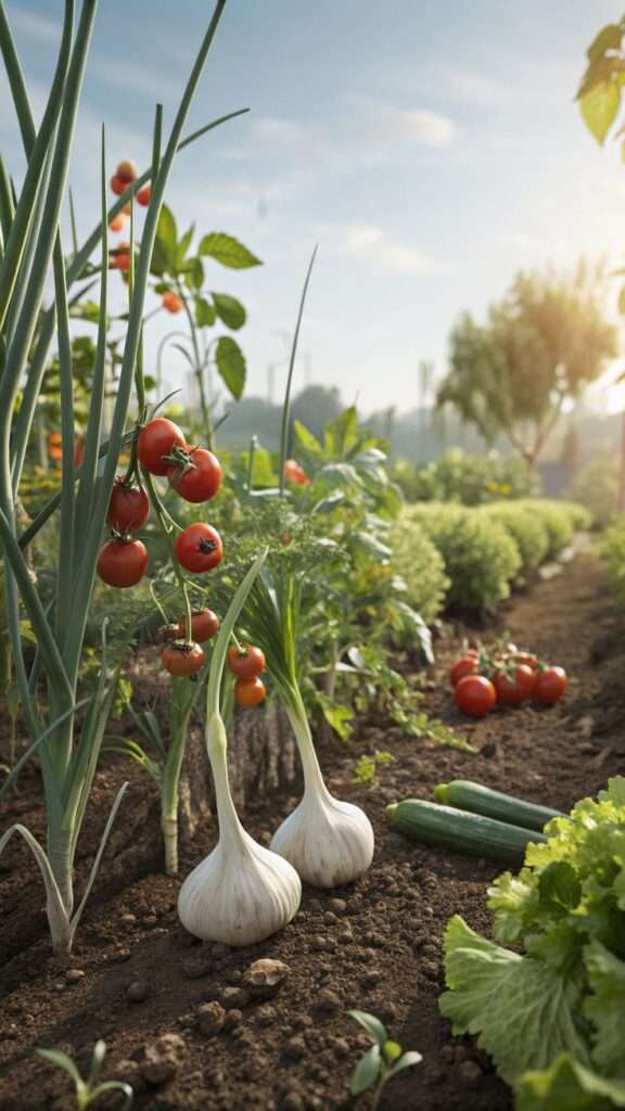 Garlic plants growing among vegetables in a backyard garden