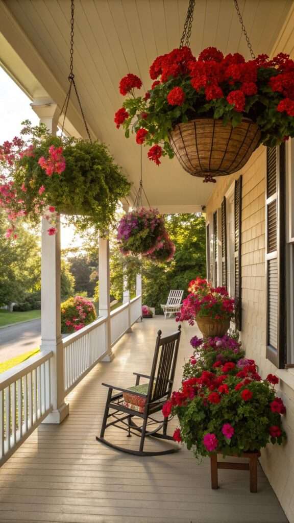 Flowering geraniums growing in hanging baskets on a sunny porch