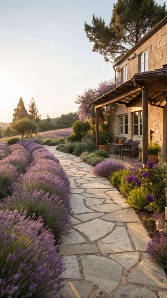Lavender plants growing along a sunny garden pathway
