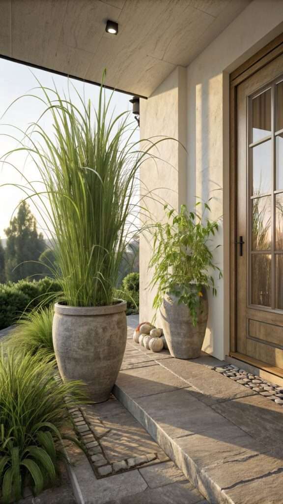 Tall lemongrass growing in pots beside a home patio