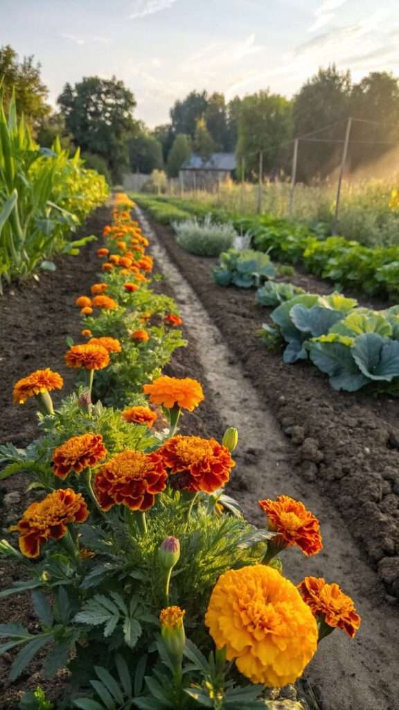 Bright marigold flowers planted around a vegetable garden