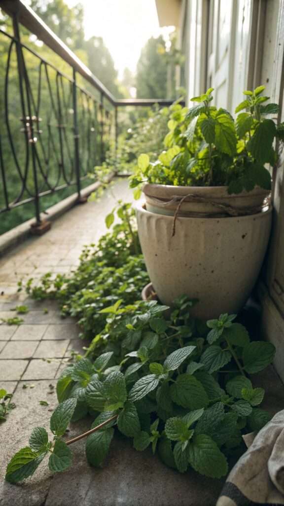 Mint plants growing in a container on a shaded home balcony