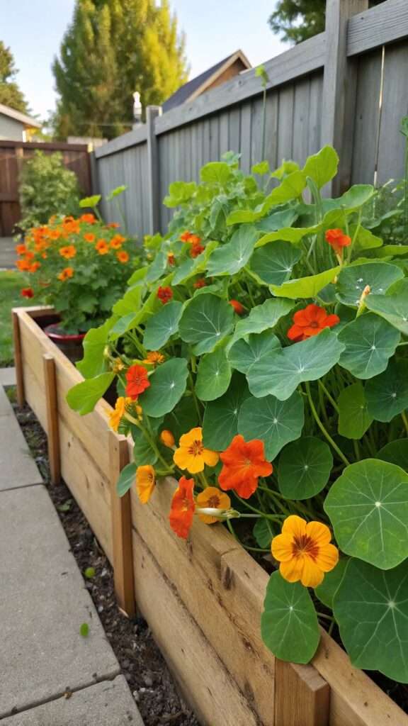 Orange nasturtium flowers growing beside vegetables in a raised garden bed