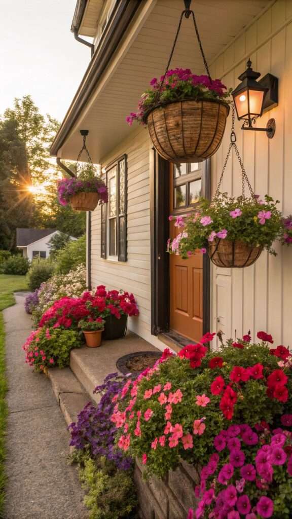 Colorful petunias blooming in garden borders and hanging baskets