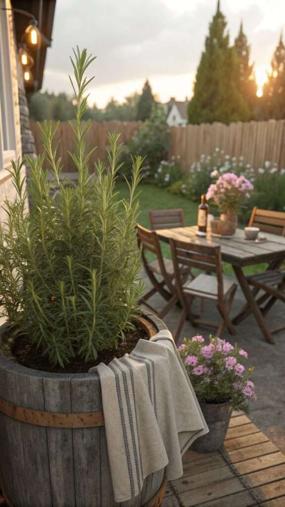 Rosemary growing in a planter beside an outdoor seating area