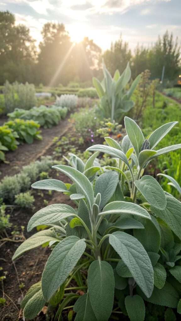 Sage plants with soft gray-green leaves growing in a sunny herb garden