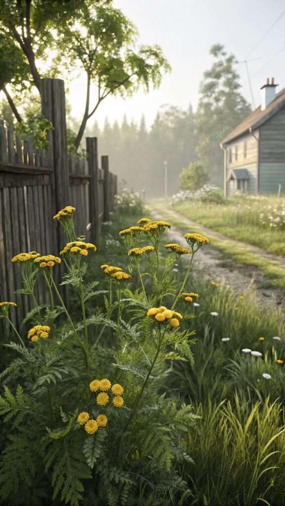 Yellow tansy flowers growing in a natural garden corner