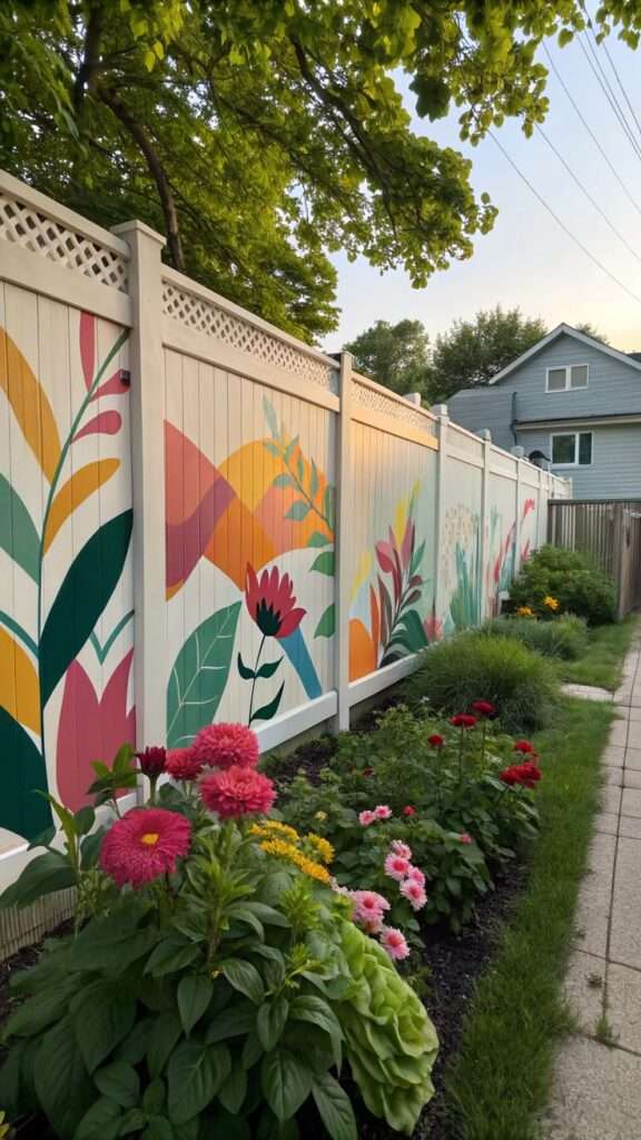 Artistic mural painted on a backyard fence