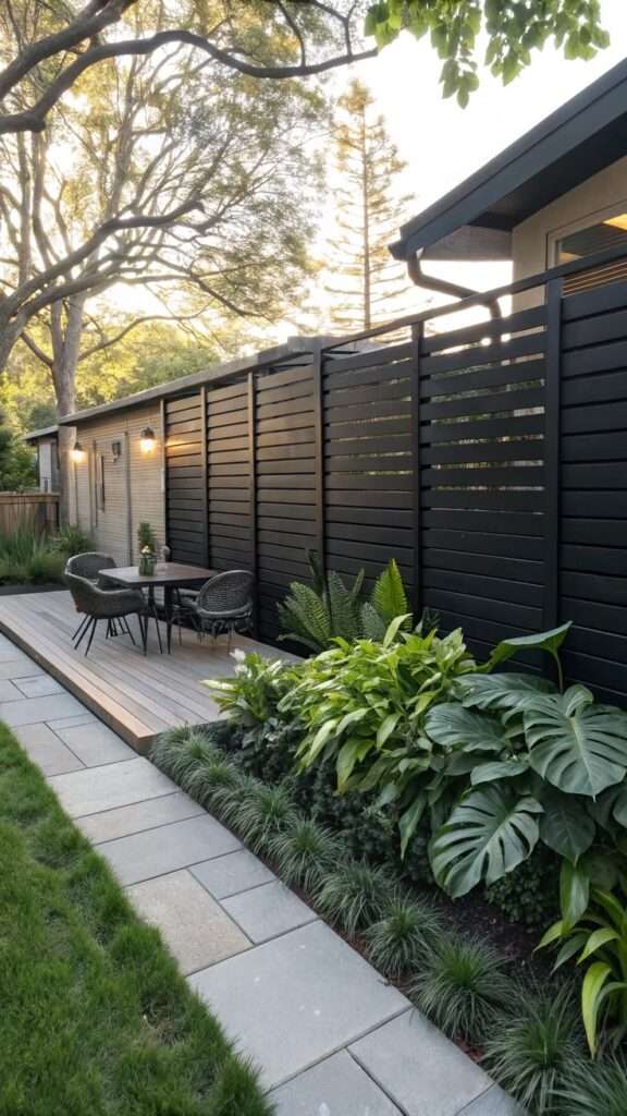 Black painted slat fence with greenery in a modern yard