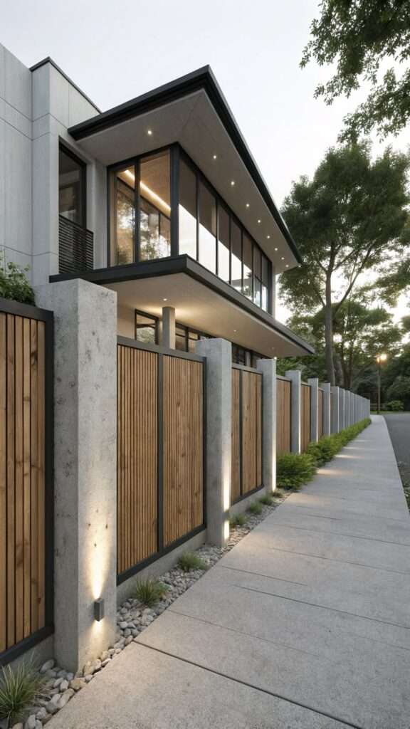 Concrete pillars with wood panel fence combo