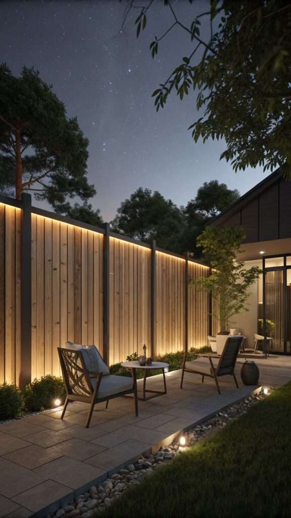 Fence with built-in solar lights along the top rail