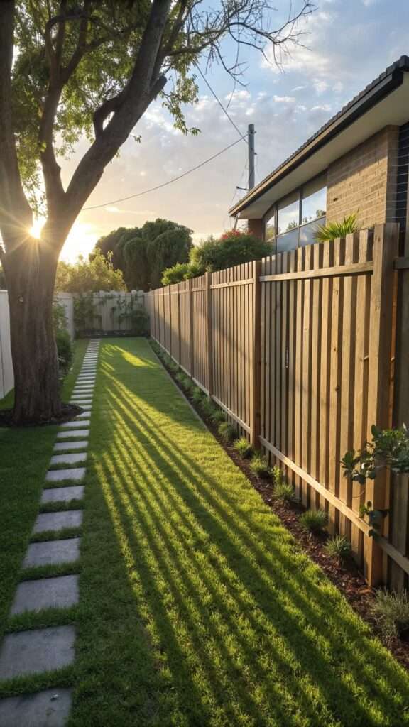 Floating slat fence design with hidden support posts