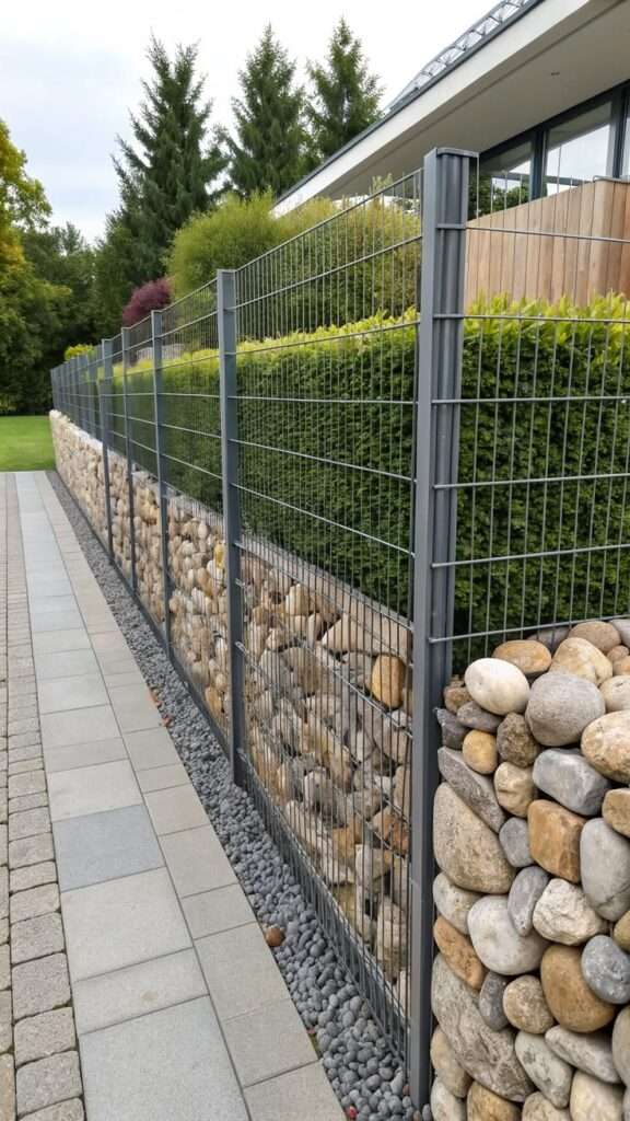Gabion wall fence made of stone-filled wire cages