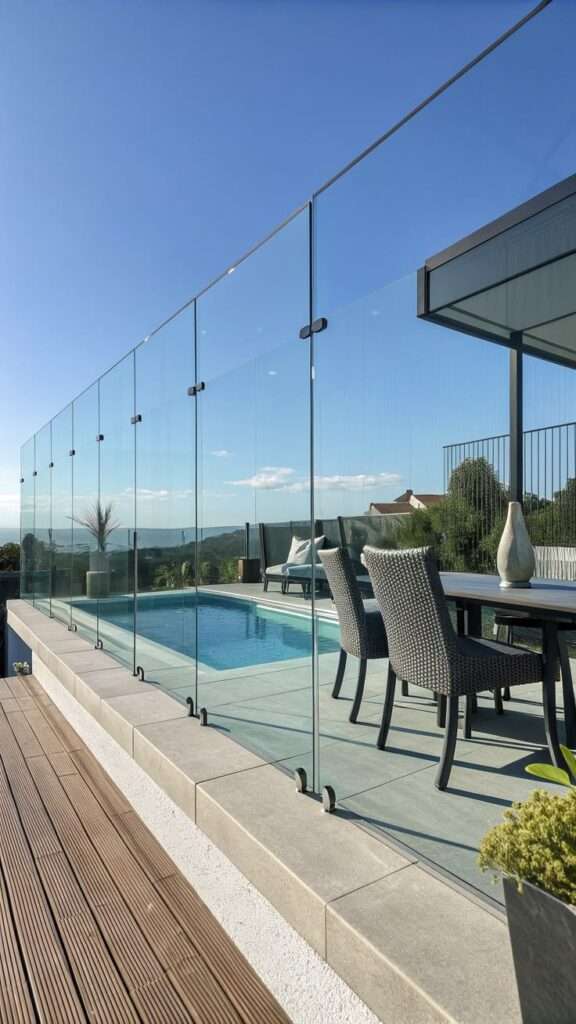 Glass panel fence around a modern backyard deck