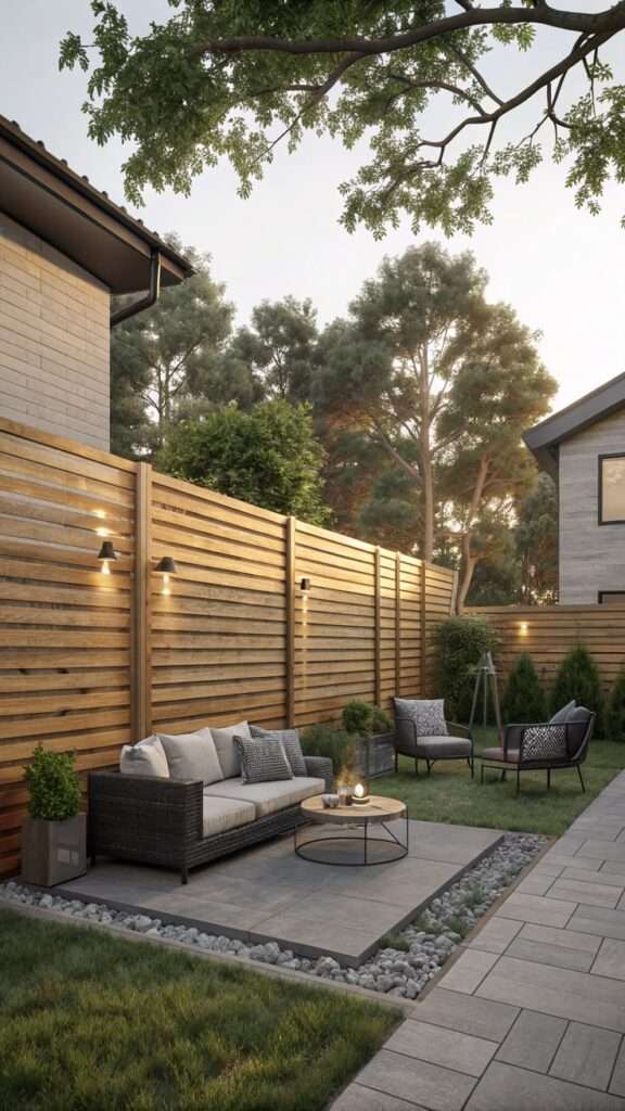 Horizontal cedar wood slat fence along a backyard boundary