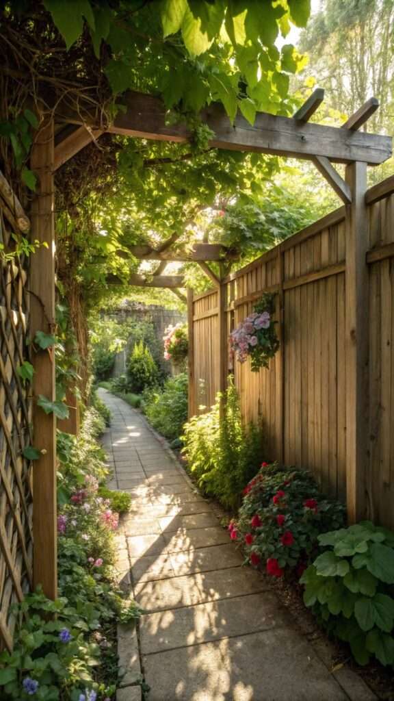 Live plant fence with climbing vines forming a green wall
