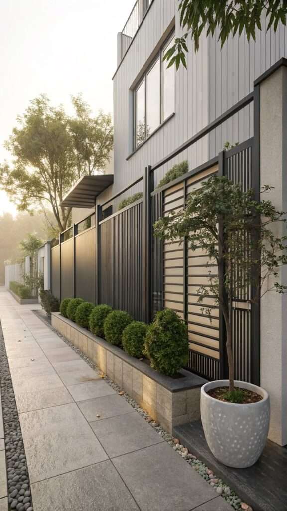 Sleek metal panel privacy fence in a contemporary yard