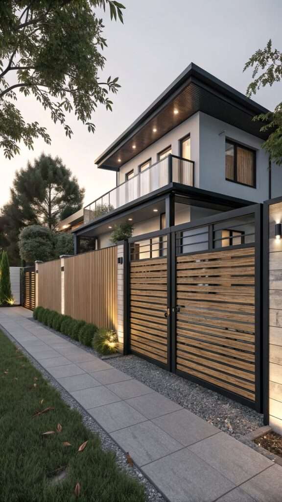 Mixed wood and metal fence panel with steel frame