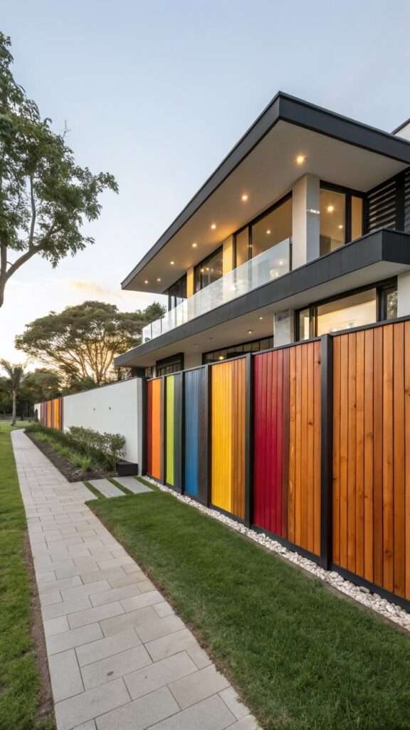 Painted color-block fence with geometric pattern