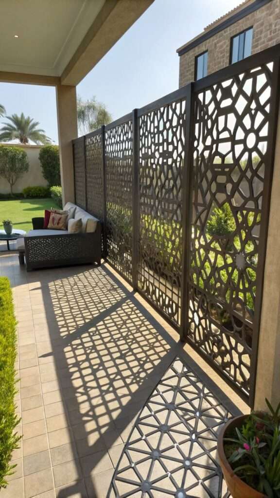 Patterned metal screen fence casting decorative shadows
