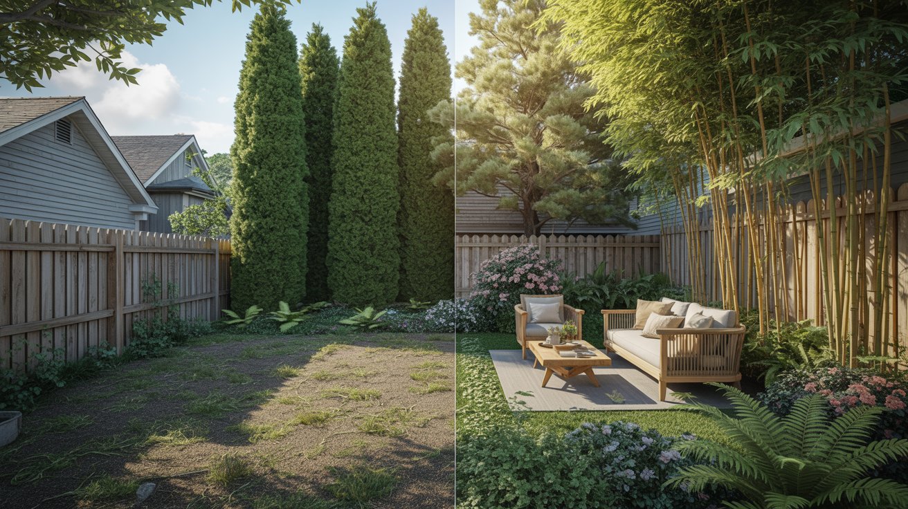 small backyard with dense privacy trees blocking neighbors view
