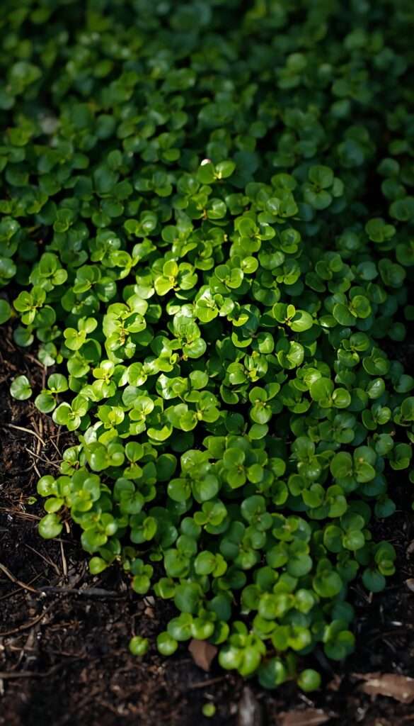 Creeping Jenny golden groundcover spreading over damp soil