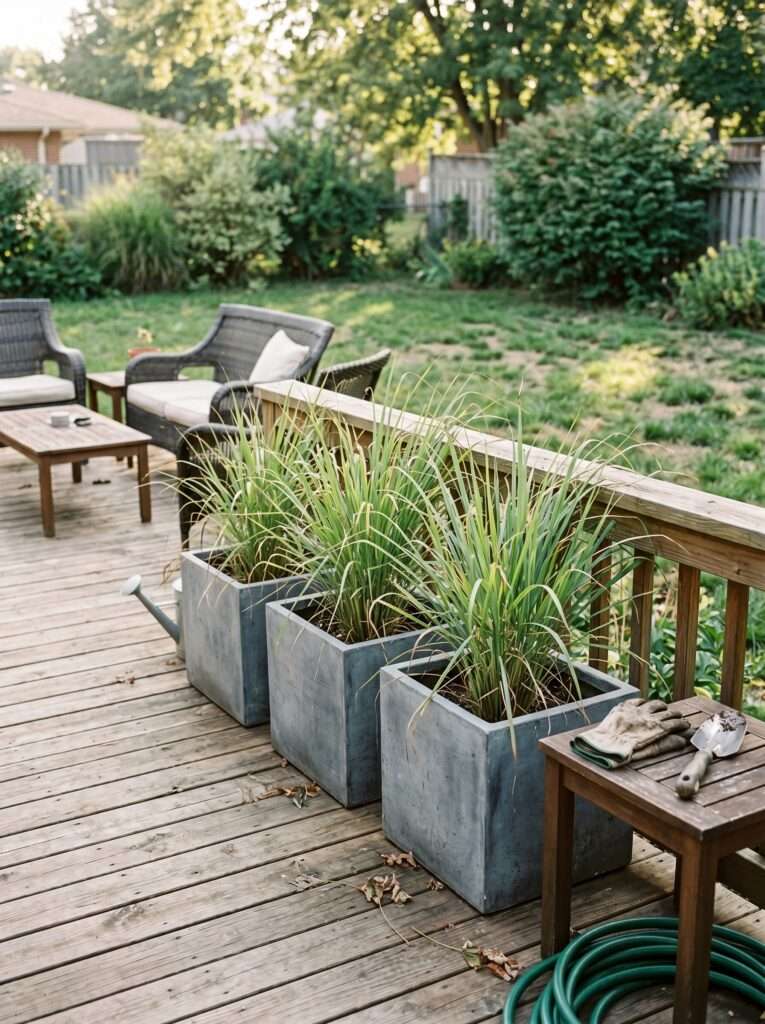 Large citronella grass planters placed on a wooden deck near outdoor seating area