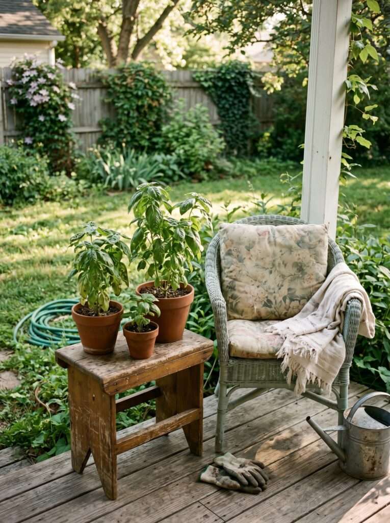 Fresh basil plants in small pots beside a cozy porch chair for mosquito control