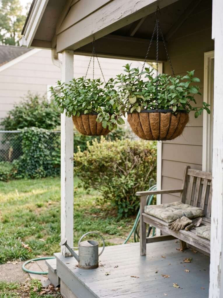 Hanging mint baskets on a shaded porch creating a natural mosquito-repellent setup