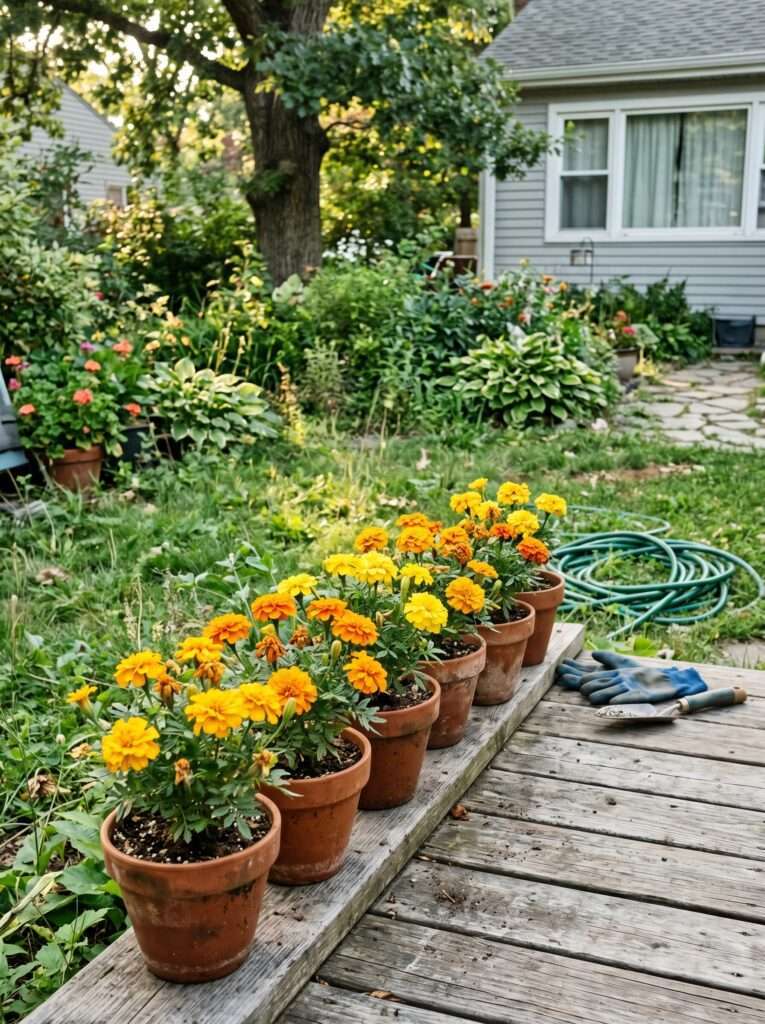 Bright marigold flowers in porch planters used as natural mosquito-repellent border plants