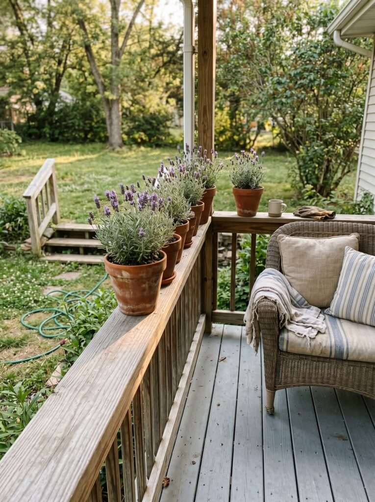 Lavender plants in terracotta pots lined along a sunny porch railing to naturally repel mosquitoes
