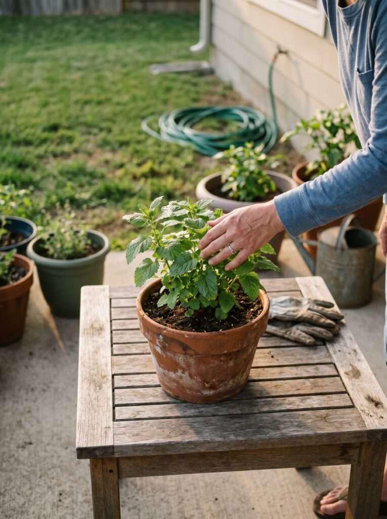 Lemon balm plant on a porch table releasing a fresh citrus scent outdoors