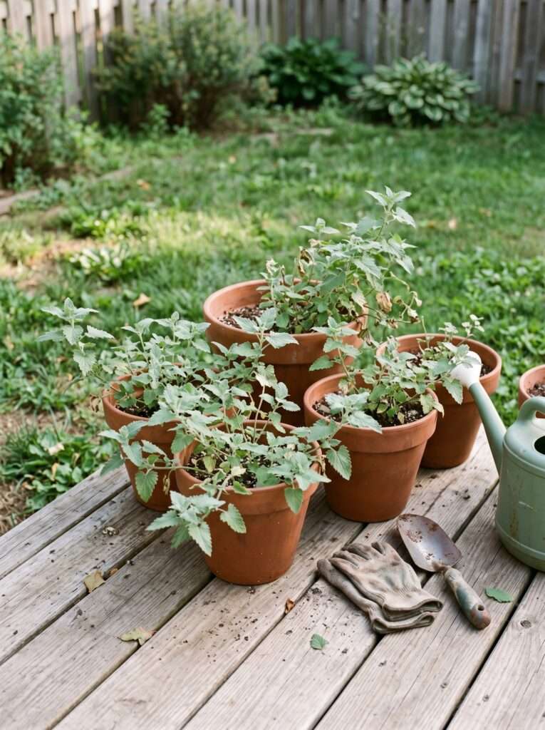 Catnip plants placed in porch corners to naturally repel mosquitoes in outdoor spaces