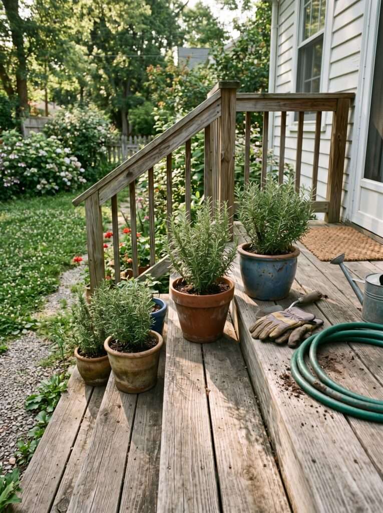 Rosemary plants in ceramic pots near porch steps for natural mosquito protection