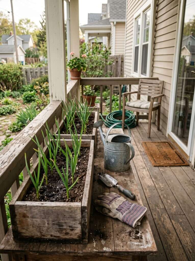 Garlic plants growing in rectangular porch planters for natural pest control