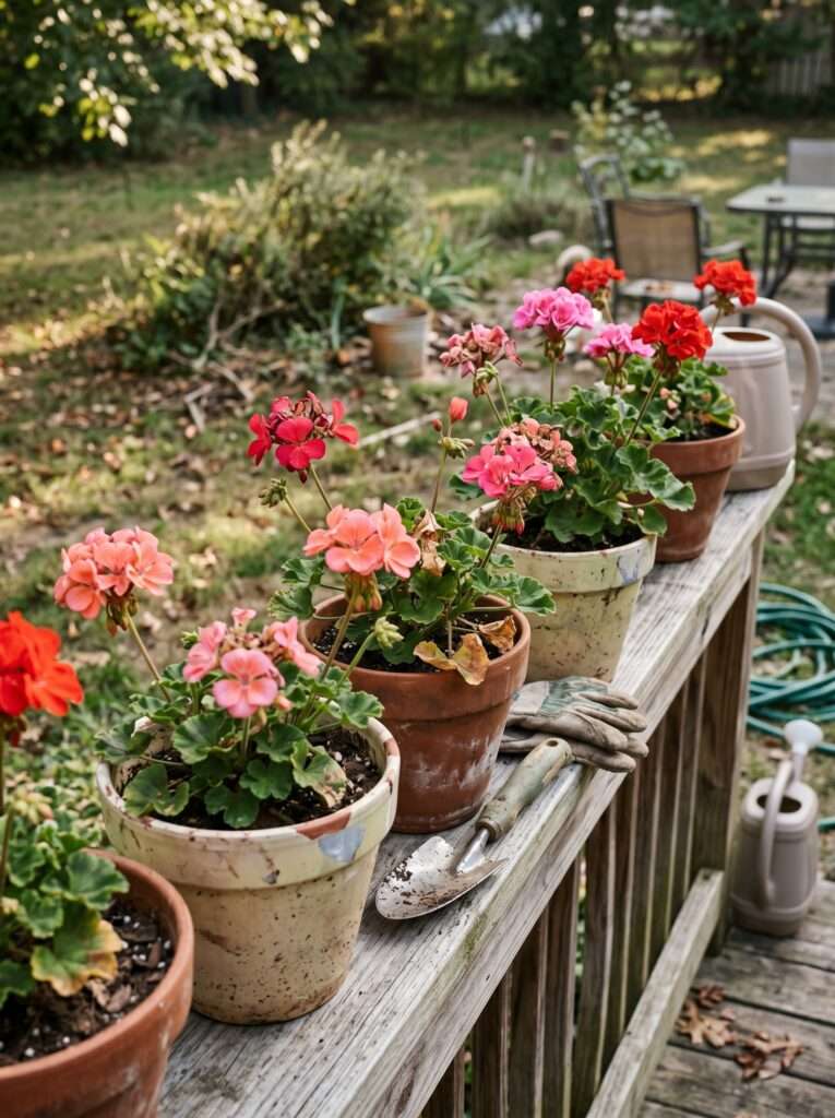 Colorful geranium flowers in decorative porch planters helping repel mosquitoes naturally