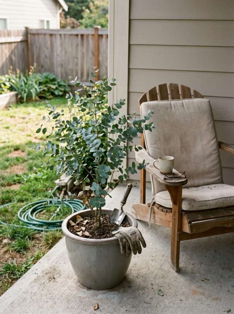 Potted eucalyptus plant beside outdoor seating creating a mosquito-repellent porch atmosphere