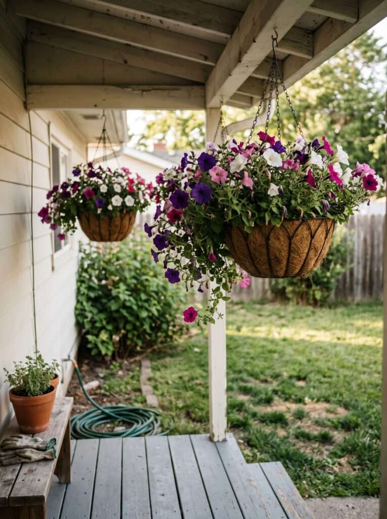 Hanging baskets filled with blooming petunias on a bright porch railing
