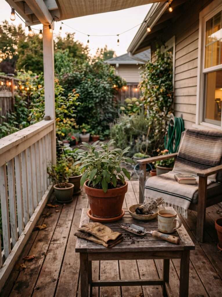 Sage plant in a porch pot with warm evening lighting and natural outdoor setup
