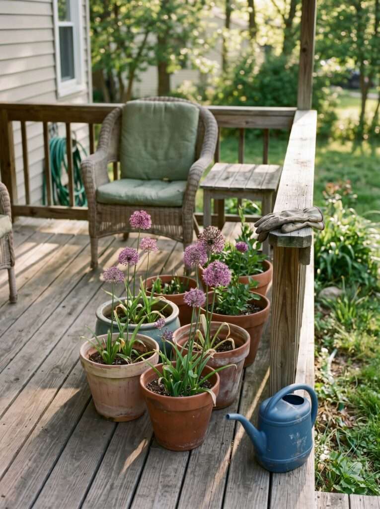Decorative allium flowers in porch containers adding beauty and mosquito protection