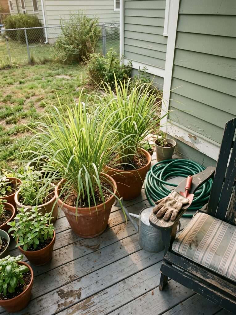 Tall lemongrass plants grouped in large pots on a sunny porch deck