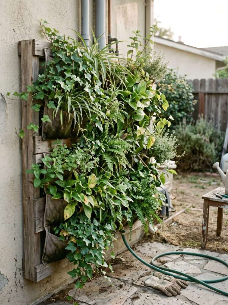 vertical garden wall covering outdoor pipes in shady backyard