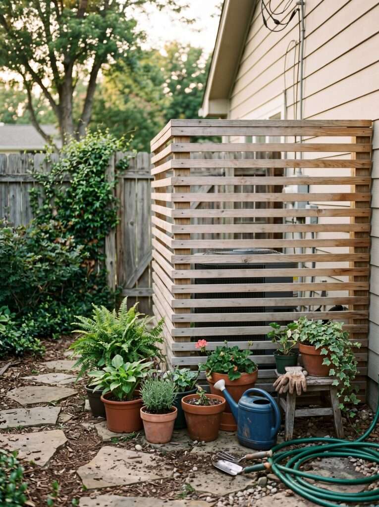 wooden screen hiding backyard AC unit beside patio plants