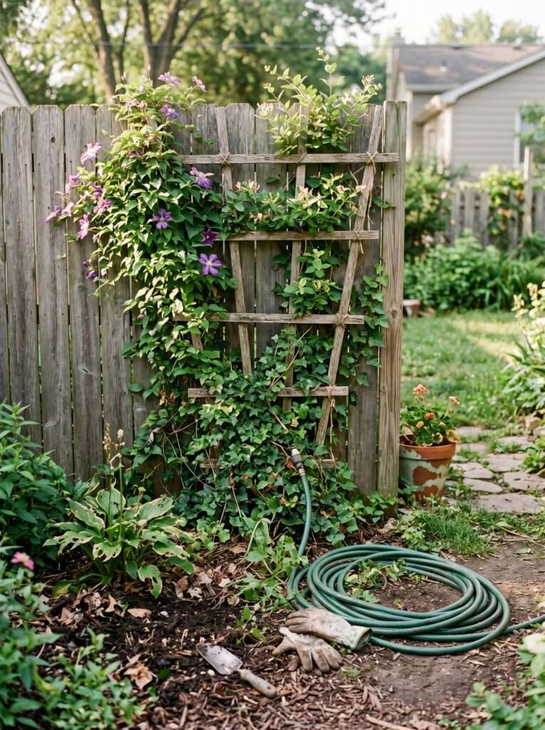 climbing plants covering backyard fence with wooden trellis